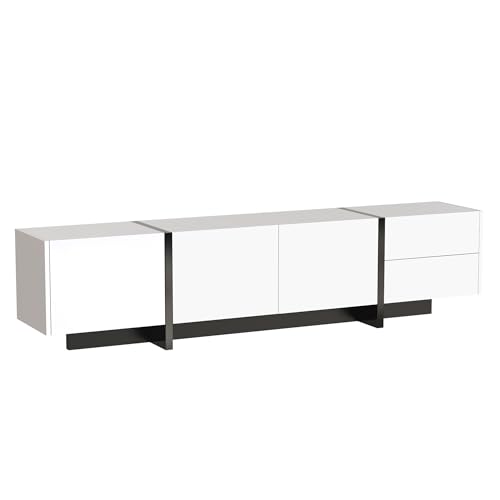 BTM TV Stand, TV Stand Cabinet,TV cabinet, low panel with colorblocked legs in high-gloss white and black, with doors and drawers, doors with shelves. Simple line design,190x35x45cm