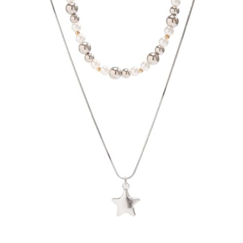Juego de joyería unisex con cadena de serpiente fina, perlas de imitación y estrella 6