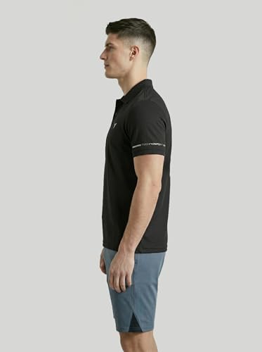 Image of TECHNOSPORT Men's Solid Slim Fit Polo Collar T-Shirt TECHNOCOOL+ Half Sleeve Button Polyester for Gym Running Workout UPF50+ Anti Odour