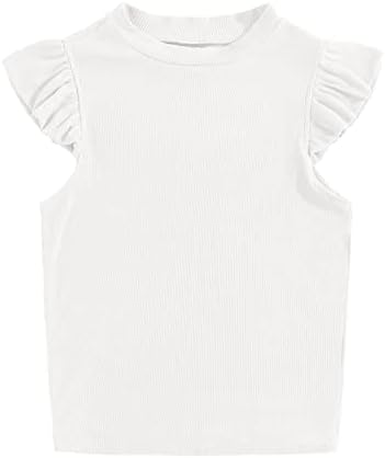 Meilidress Kids Girl's Crew Neck Sleeveless Tops Ruffle Trim Solid Color Cute T-Shirt Blouse Pullover 5-14 Years White