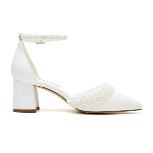 Block Heel Wedding Shoes for Bride Pointed Toe Pearl Heels Ankle Strap Wedding Heels Bridal Shoes4