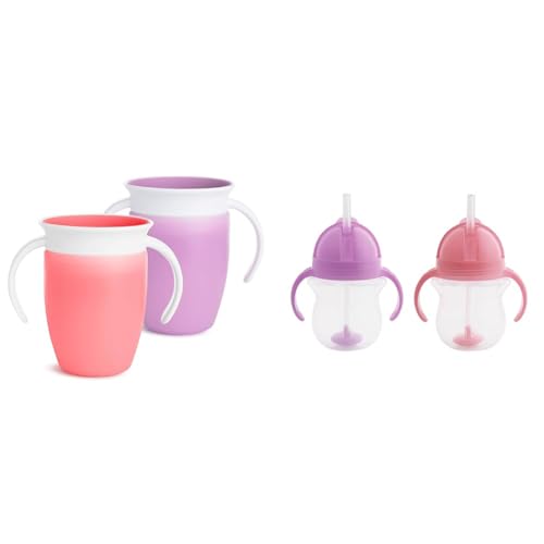 Image of Munchkin® Miracle® 360 Trainer Sippy Cup with Handles, Spill Proof, 7 Ounce, 2 Pack, Pink/Purple & Any Angle™ Weighted Straw Trainer Cup with Click Lock™ Lid, 7 Ounce, 2 Pack, Pink/Purple