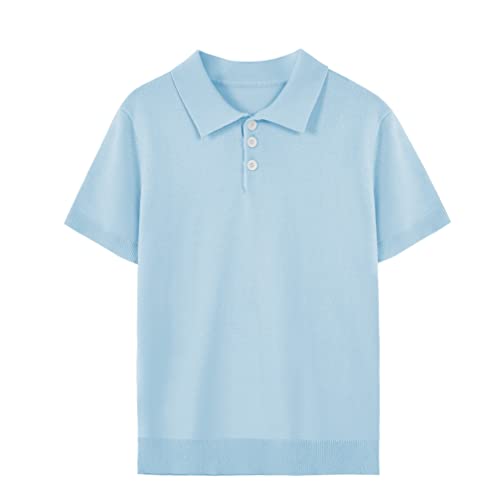 Boys Short Sleeve Polo Shirts Soft Stretch School Uniform Knitted Classic Fit Sweater Shirt Light Blue #TOP27