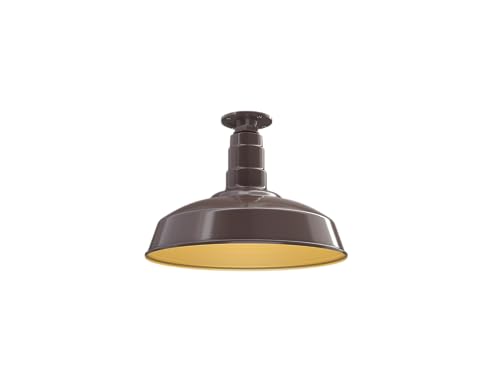 Image of Steel Lighting Co. Carson Barn Light | Ceiling Mounted Pendant | 16 inch Dome | Flush Mount | Industrial Style Steel Light Made in America | Dark Bronze Exterior /Brass Interior