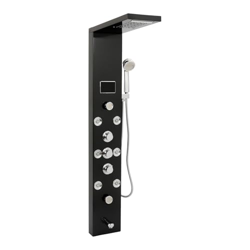 Panel de ducha de acero inoxidable LED negro, columna de ducha, sistema de ducha, ducha de lluvia, alcachofa de mano, juego de 8 boquillas de masaje, para hoteles, hogares, centros de baño, resorts