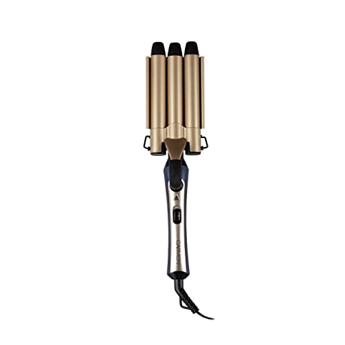 Carmen Twilight C81135BC Triple Barrel Mermaid Hair Waver with Temperature Settings and 3 x 22mm Ceramic Coated Barrels, Blue and Champagne Gold