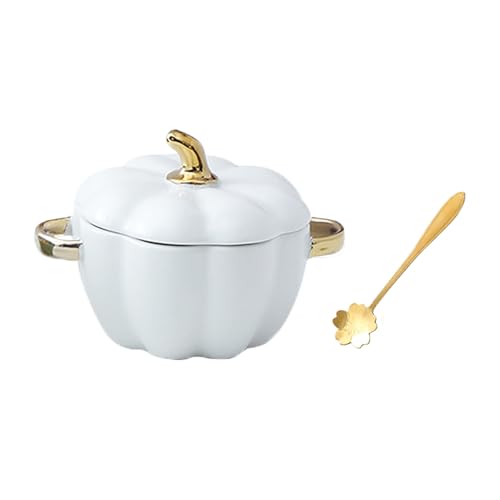 Kürbis Topf Kürbis Keramik 400ml Pumpkin Kasserolle mit Deckel Fall Decor Aesthetic für Halloween, Erntedankfest, Heimdekoration, Tischdekoration (Weiss)