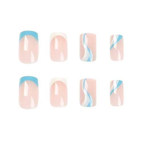 Square French Press en Uñas, Uñas Postizas Cortas Nude, Uñas Azul Onduladas con Pegamento, Uñas Falsas Brillantes de Acrílico de Cobertura Completa para Mujeres miniatura 5