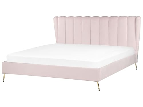Beliani Letto matrimoniale velluto 180 x 200 cm Testata con porta USB Gambe in metallo dorato Rosa