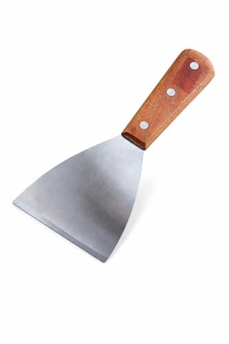 CateringBase Ltd Griddle Scraper with Wooden Handle, Stainless Steel Flat Top Grill Scraper, Heavy Duty Cleaning Tool for Removing Burnt Food & Grease, 210mm Length, 100mm Blade