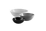 Modernes, vielseitig einsetzbares Servierschalen Set aus hochwertigem Steinzeug (einer besonders harten Form der Keramik), bestehend aus einer Müslischale (Ø 15,5 cm) in Schwarz, einer Suppenschale bzw. großer Müslischale (Ø 20 cm) in Grau und einer Salatschale bzw. Obstschale (Ø 26 cm) in Weiß