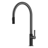 KRAUS Oletto KPF-2821MBSFSB - Grifo de cocina desplegable de arco alto con una sola manija en negro mate/acero inoxidable negro sin manchas
