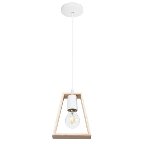 Lampada a sospensione LED con cavo – lampada da soffitto con portalampada in metallo e paralume beige in legno