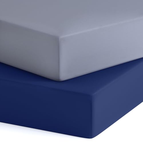 Image of Crib Sheets for Boy, 2 Pack Baby Crib Sheets for Standard Crib Mattress & Toddler Bed Mattress, Snug Fit Breathable Soft Fitted Crib Sheet, Grey & Navy Blue