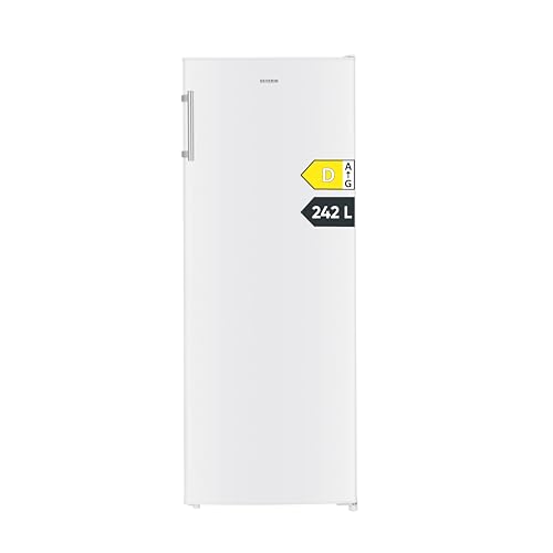 SEVERIN Vollraumkühlschrank, 242L, Energieeffizienzklasse D, Gemüsefach, Höhe 143 cm, verstellbare Einlegeböden, LED-Innenbeleuchtung, Türanschlag wechselbar, 83 kWh, weiß/Metall, VKS 8817