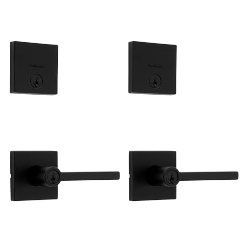 Image of Kwikset Halifax Square Front Door Lock Handle and Deadbolt Set, Entry Exterior with Interior Reversible Lever, Matte Black, Project Pack, Pick Resistant SmartKey Rekey Deadbolt Security