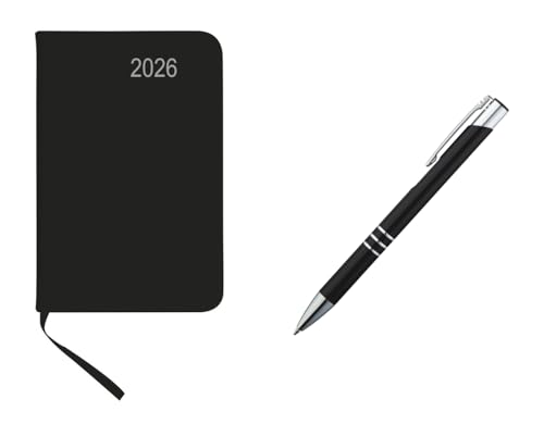 Livepac-Office Taschenkalender 2026 / ca A7 / PU Einband/Farbe: schwarz+Metall Kugelschreiber