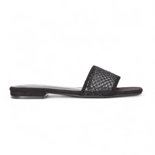 Image of ESSEX GLAM Women's Flat Slip On Diamante Slider Ladies Open Toe Black Faux Suede Summer Holiday Mule Sandals Shoes Size 3
