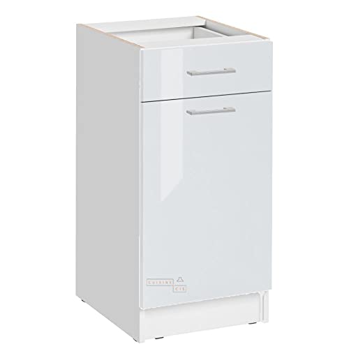 Cuisineandcie - MEUBLE CUISINE BAS ECO Blanc Brillant 1 Porte, 1 tiroir L 40cm - Meuble Bas Cuisine Rangement, Meuble Cuisine, Placard Cuisine Bas