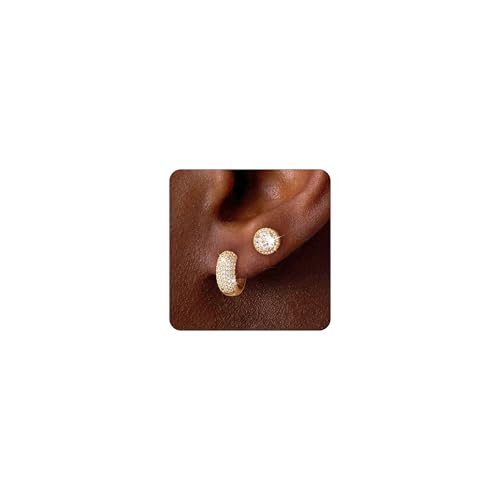 Txdvbls Earrings for Men - Womens 14K Gold Plated Cubic Zirconia Hypoallergenic Earring Set for Daily Wear | Lightweight Round Stud & Huggie Hoop Cartilage Earrings with 925 Silver Post