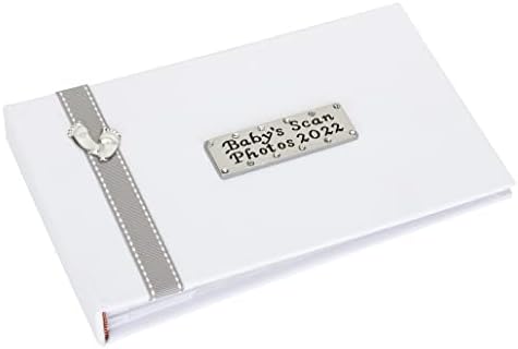 Metal Planet Ltd Baby's Scan Photo Album with Stitched Ribbon & Pewter Baby Feet Design - Grey Ribbon