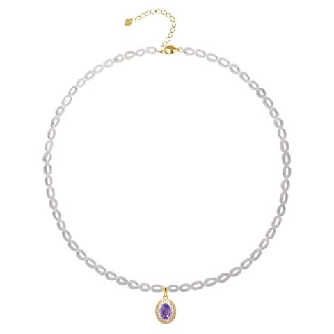 2023 New 925 Sterling Silver Dainty Freshwater Cultured Pearl Strand Choker Necklace Purple Artifical Gem Pendant White Genuine Real Pearls Jewelry Gifts for Her 4-5mm Purple Cover