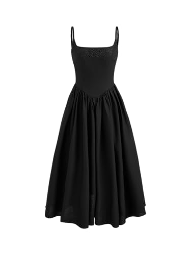 CIDER Summer Dress Sleeveless Scoop Neck Broderie Anglaise Ruffle Maxi Dress High Waist A Line Cotton Linen Black
