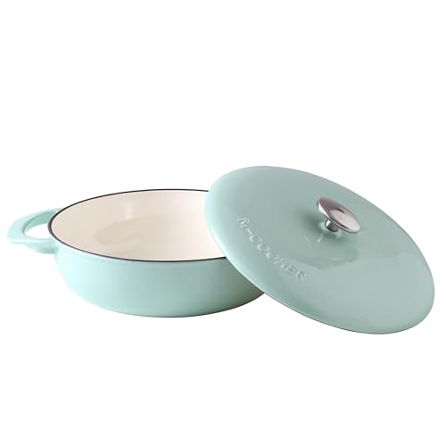M-COOKER 3.8 Quart Enameled Cast Iron Braiser Pan with Lid，Covered Cast Iron Casserole Dish, Shallow Dutch Oven with Lid, Gift Idea for Family, Oven Safe (Mint green)