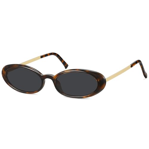 Fozono Retro Oval Sunglasses for Women,Trendy Cat Eye 90s Small Sunnies Narrow Shades UV Protection Tortoise Frame/Grey Lens