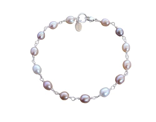Genuine Oval Pastel and White Pearl Bracelet: sterling silver wire wrapped design, handmade in USA, 7.5 inches, unique jewelry gift for her
