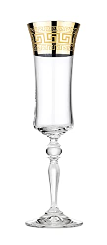 Glasstar 6Oz Champagne Flutes ''Versailles''. Gold Plated Greek Key Pattern. Hand Blown Lead-Free Crystal Glasses. Elegant - Gift For Wedding, Anniversary, Christmas. Set Of 6., Clear Gold (Gs17897) #TOP3