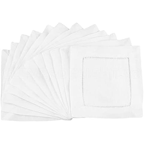 12 CleverDelights White Hemstitch Cocktail Napkins - 6" x 6" - 45/55 Cotton Linen Blend - Ladder Hemstitch Beverage Napkins - 6 Inch Coaster Cover