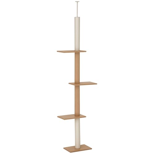 PawHut Floor-to-Ceiling Cat Tree Cat Climbing Tower with Sisal-Covered Scratching Posts Natural Cat Tree Activity Center for Kittens Cat Tower Furniture, Light Brown