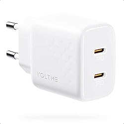 Cargador Tipo C Doble VOLTME 20W Cargador USB C 2 Puertos Blanco Carga Rápida PD3.0 PPS, Adaptador de Corriente USB-C 20W Enchufe Cargador Adaptador para iPhone 14/13/12, Xiaomi, Huawei, Samsung y Otros Dispositivos USB-C