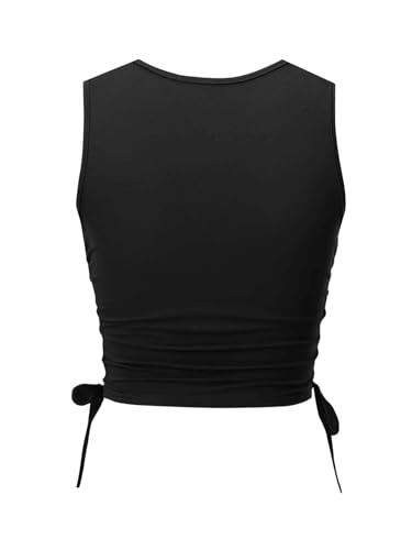 SHENHE Women's Summer Ruched Sleeveless Hands Print Crewneck Drawstring Tank Crop Tops2