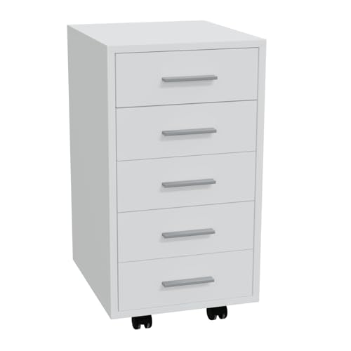 HAGO24 | Rollcontainer | Bürocontainer | Büroschrank | Aktenschrank | Rollschrank | 5 Schubladen | Aluminium-Griffe | Möbelrollen | 360° schwenkbar | Weiß |
