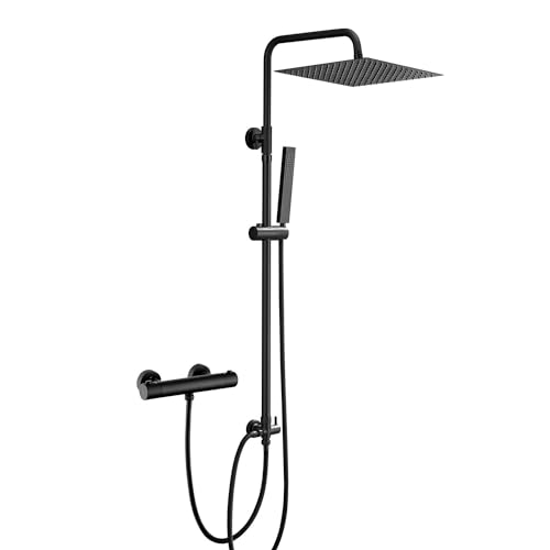 Görbach Colonna Doccia Con Miscelatore Termostatico Nero Opaco in Acciaio Inox 304 Fori Muro Regolabili Colonna Doccia con Rubinetto Set doccia a Pioggia con Soffione e Doccetta (U-30×30cm)