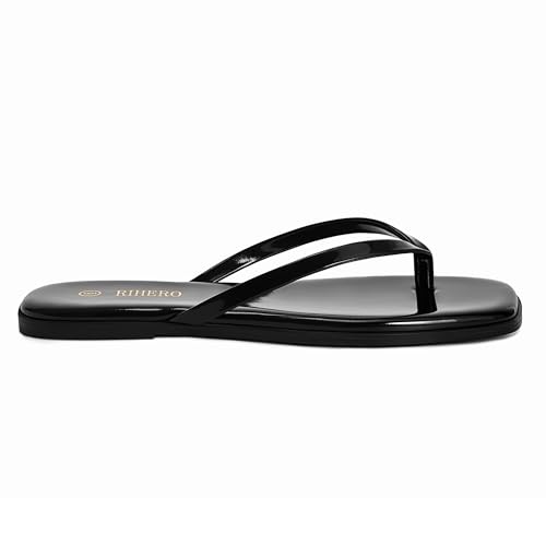 Image of Rihero Flip Flops for Women Comfortable Square Toe Beach Sandals Slip On Leather Thong Flat Sandals Dressy