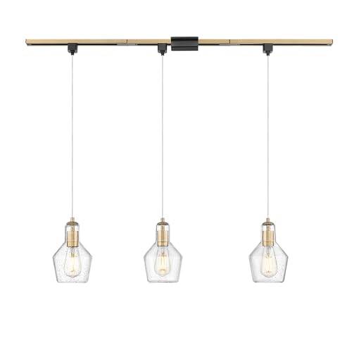 Emliviar 3-Light H-Type Track Ceiling Light Fixture with Seeded Glass Shade Kitchen Pendant Lamp Include H Type Track Lighting Rail for Dining Room in Brushed Gold Finish DYE286TP-3 BG