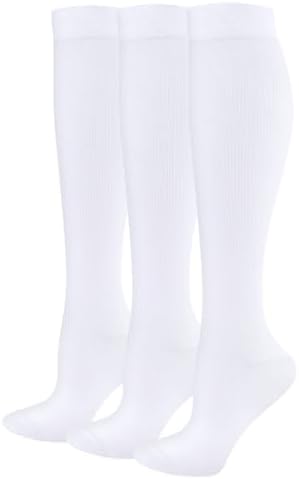 YUEDGE Women's White Compression Socks, Compression Stockings for Cycling Running Athletic, OEKO Certified Travel Flight Socks for Long Standing Work Leg Support & Slim Shaping, 3 Pairs