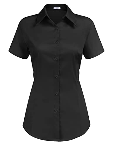 HOTOUCH Women's Basic Button Up Shirt Short Sleeve Stretchy Button Down Collared Shirts Waitress Work Shirt