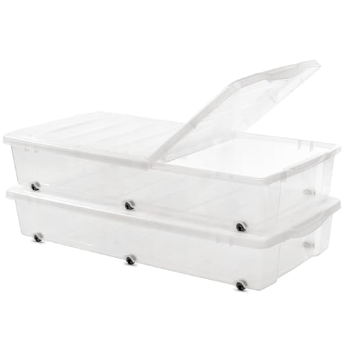 Citylife 2 Packs 57 QT Plastic Under Bed Storage Bins with Double-opening Lids Clear Underbed Storage Containers with Wheels for Organizing Shoes, Blankets, Clothes