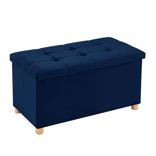 Image of 30 Inches Folding Storage Ottoman Bench, Velvet Storage Chest, Footrest Couch with Wooden Legs, Support 350lbs for Bedroom, Living Room, Hallway, Navy Blue