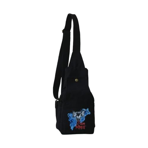 Sugar Skull Floral Roses Black Canvas Crossbody Sling Bag | Gothic Printed Cotton Crossbody Backpack for Men & Women-image-33