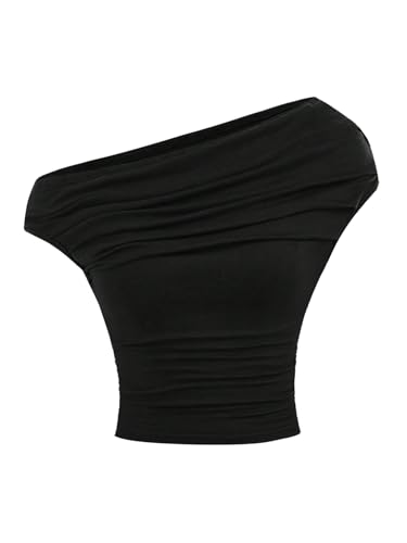 Milumia Girl's One Shoulder Ruched Top Asymmetrical Neck Sleeveless Casual Tank Tops