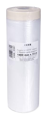 PENNELLIFICIO 2000 | Rollo de polietileno con cinta adhesiva, juego de máscara, protección de paredes, zócalos, muebles, lona para cubrir todo, tamaño 140 cm x 33 m, fabricado en Italia