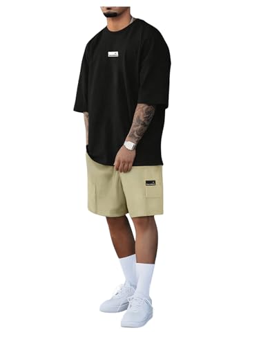 Men's 2 Piece Outfits Letter Patched Short Sleeve T Shirt Drawstring Waist Track Shorts Tracksuit