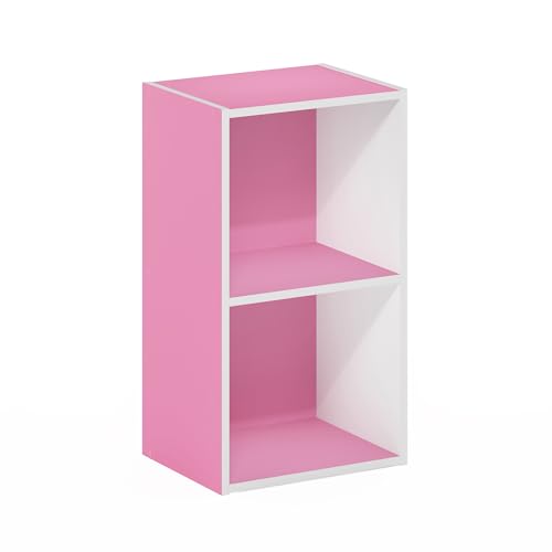 Image of Furinno PASIR Book Shelf, 2-Tier Modern Bookshelf, Open Shelves Bookcase 9 x 12 x 21, Easy Assembly, for Living Room, Bedroom, Home Office, Pink /White