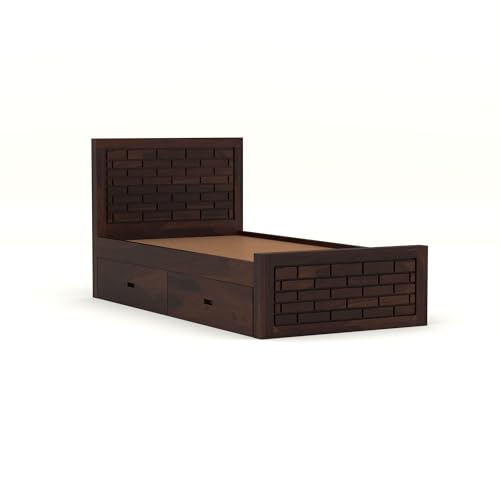 Image of Solid Sheesham Wood Single Size Bed with 2 Drawer Storage Wooden Single Cot Bed for Home Living Room Bedroom Guest Room Hotel (Walnut, Size 6 * 4)