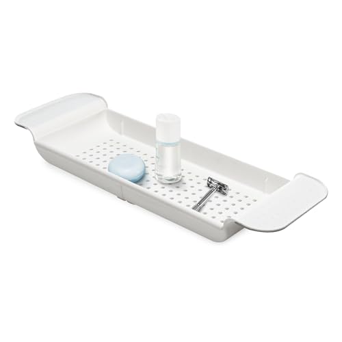 Madesmart Expandable Bath Tray for Bathtubs, Plastic Shower and Bath shelf caddy, white, Multifunctional bathtub bathroom organizer, Premiumwhite